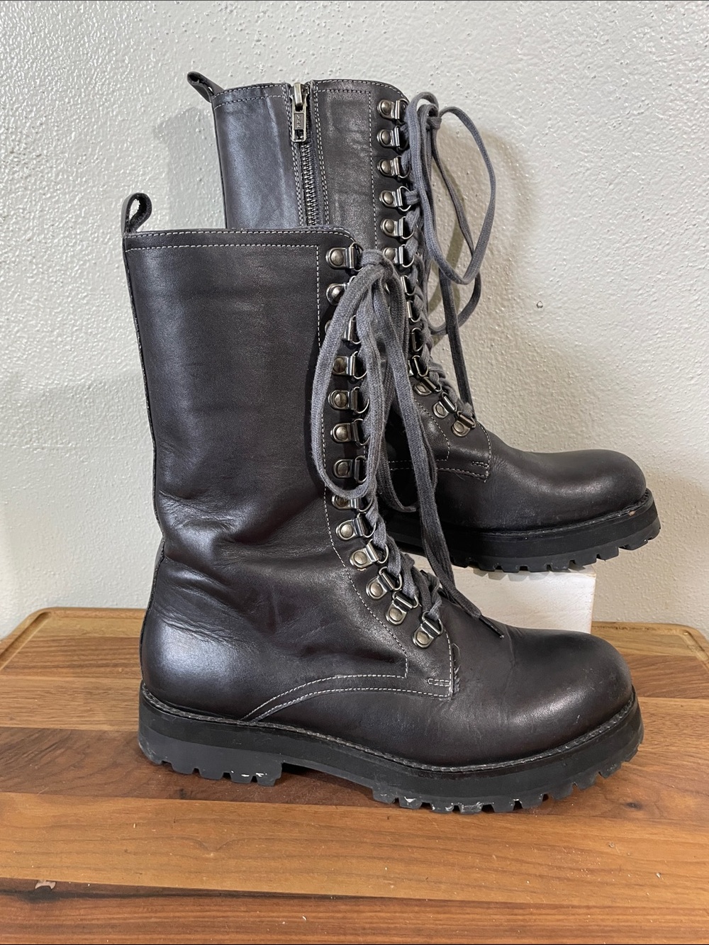 Women's Black Lace-Up Combat Boots with Side Zip